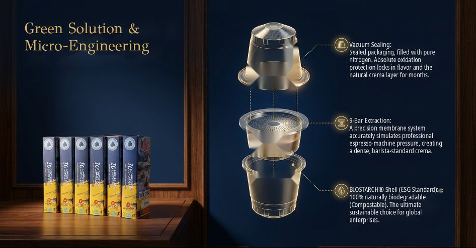 Diagram of the Le Caïffa capsule: vacuum-sealed shell filled with nitrogen, 9-bar extraction membrane and BIOSTARCH biodegradable body, with six branded capsule boxes lined up on the left.