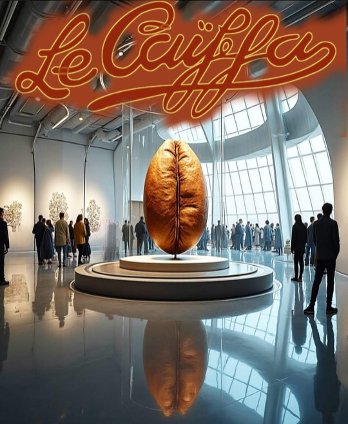 Le Caïffa brand exhibition: a giant sculptural coffee bean displayed at the centre of a modern gallery hall under the Le Caïffa signature.