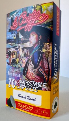 Le Caïffa souvenir pack of 10 compostable French Roast capsules, illustrated with a Vietnamese street-scene artwork.