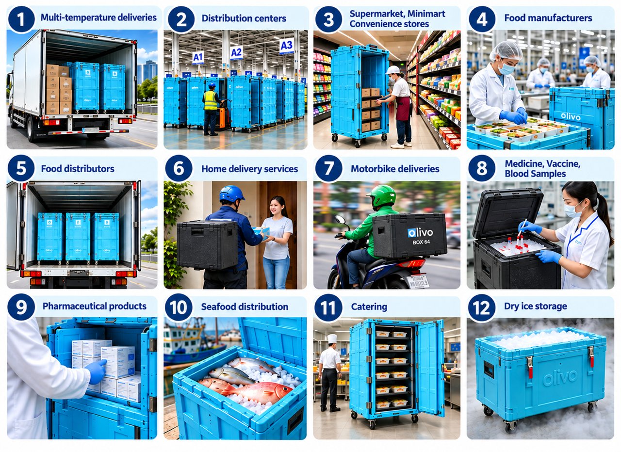 Twelve photos of Olivo insulated containers in use, one for each application listed above.