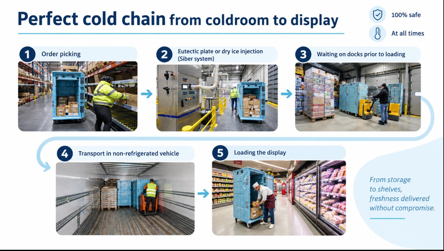Perfect cold chain from coldroom to display, in five steps: order picking; eutectic plate or dry ice injection with the Siber system; waiting on docks prior to loading; transport in a non-refrigerated vehicle; loading the display. 100% safe at all times, from storage to shelves.