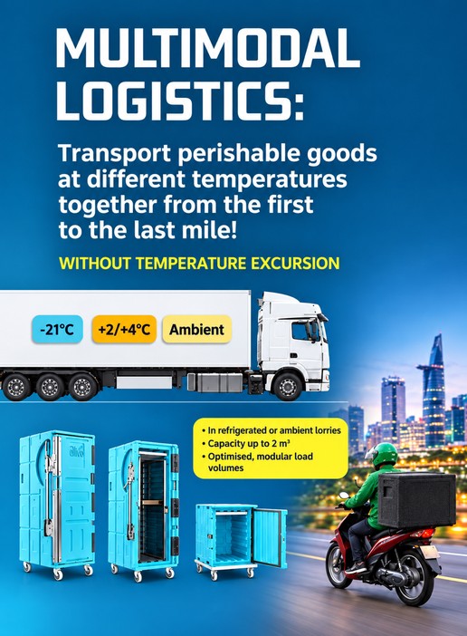 Multimodal logistics: transport perishable goods at different temperatures together from the first to the last mile, without temperature excursion. A truck carries -21°C, +2/+4°C and ambient loads in Olivo containers, which work in refrigerated or ambient lorries, with a capacity up to 2 m³ and optimised, modular load volumes; a motorbike courier delivers the last mile.